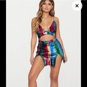 Prettylittlething Rainbow Sequin Plunge Neckline Cutout Mini Dress